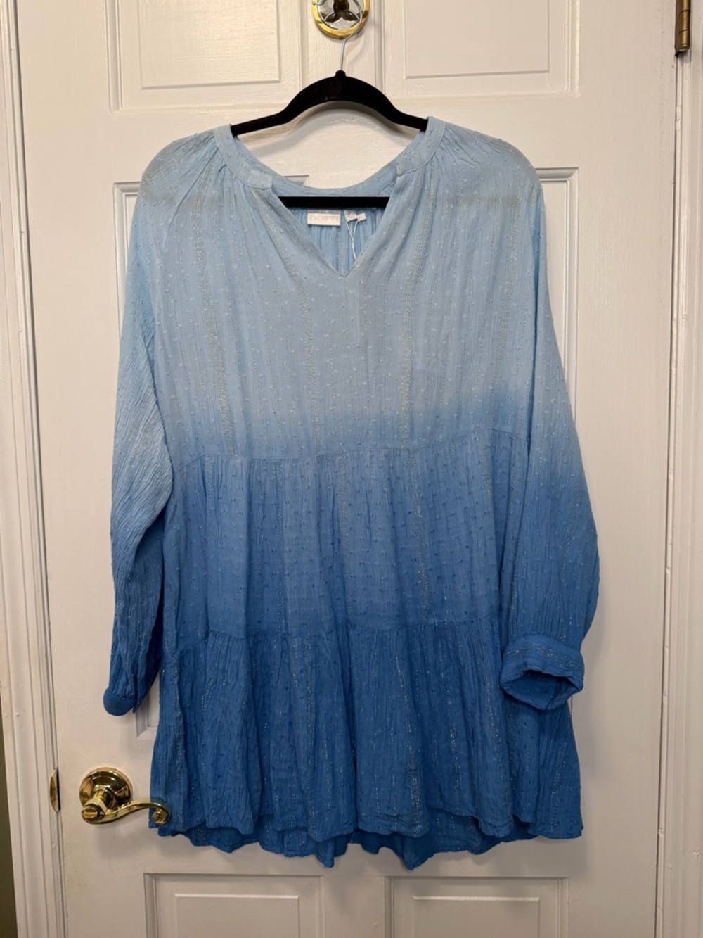 Dotti Blue Chambray Textured Blouse Tunic Tiered Boho Top NWT Size Large